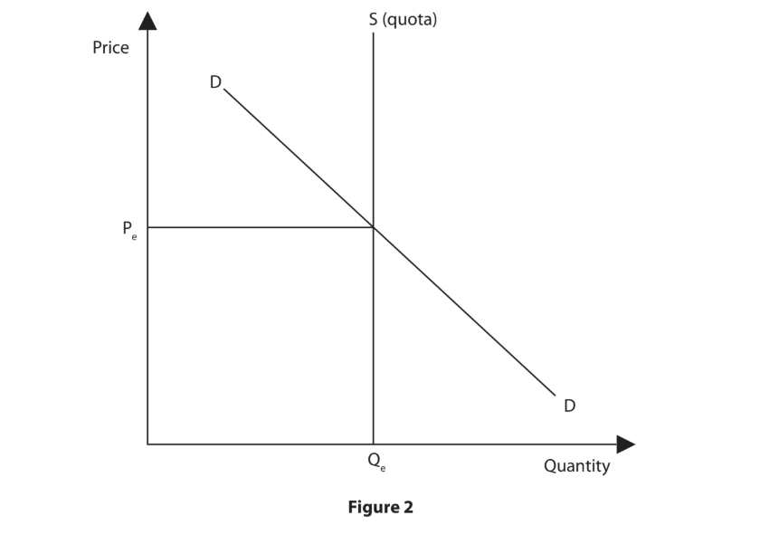 Supply and demand graph showing equilibrium price (Pe) and quantity (Qe) with demand (D) and supply (S, quota) lines intersecting.