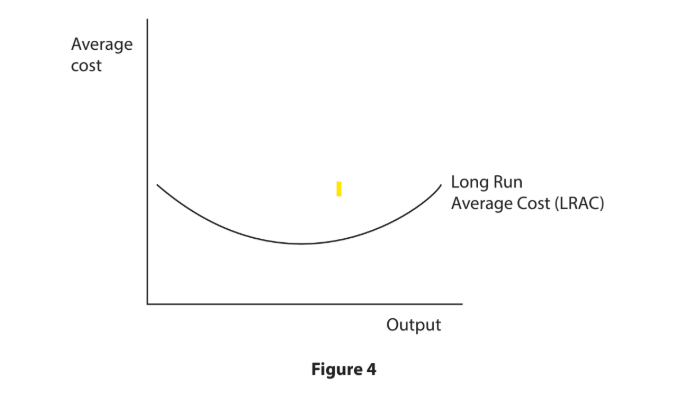 Graph of Long Run Average Cost (LRAC) curve; U-shaped, labelled axes: Average cost (vertical) and Output (horizontal); Figure 4 title.