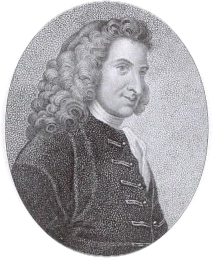 Engraving of a man with long curly hair, wearing a dark coat and white cravat, set against an oval background with intricate detailing.