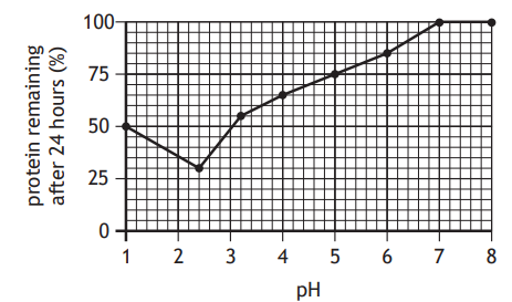 Line graph showing protein remaining after 24 hours versus pH level, with values increasing from 11% at pH 2 to 100% at pH 8.
