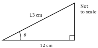 Right-angled triangle with sides 12 cm and 13 cm, angle θ at the base, marked "Not to scale."
