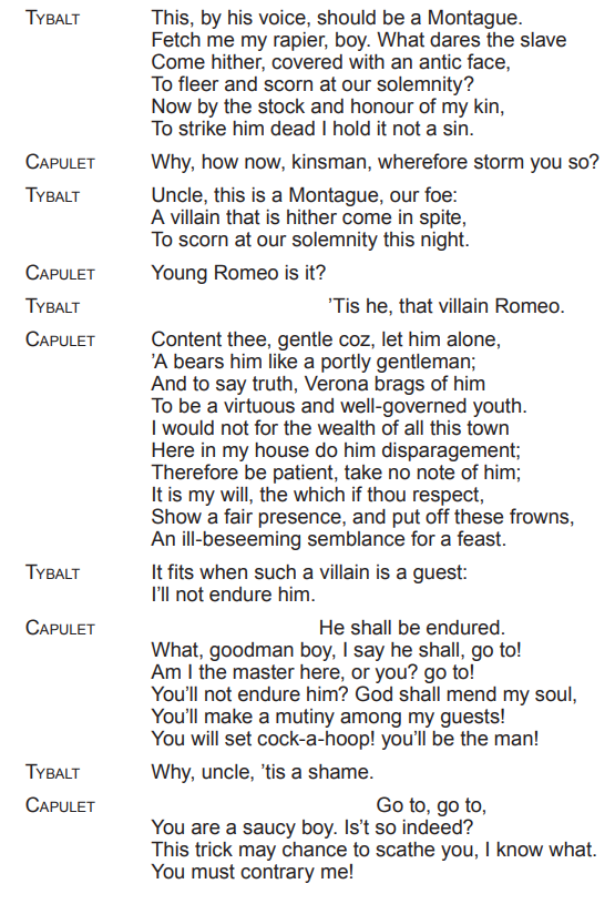 Text from Shakespeare's "Romeo and Juliet" with dialogue between Tybalt and Capulet discussing Romeo's presence at a feast, revealing tension and conflict.