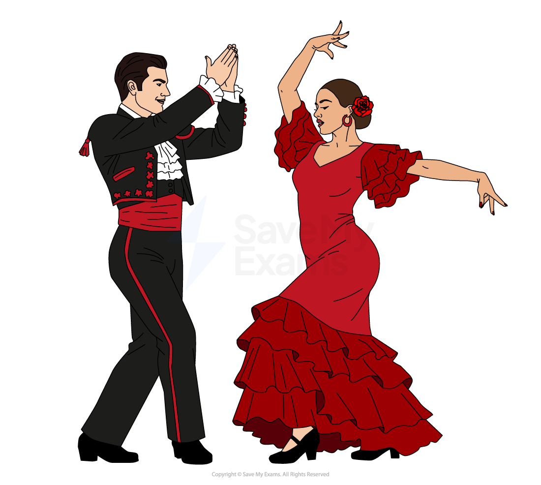A man and woman perform a flamenco dance; he wears a black suit with red accents, and she wears a red dress with ruffled sleeves and skirt.