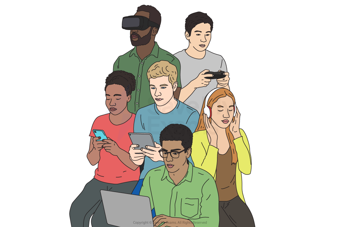 Six diverse people using different tech: a VR headset, phones, a tablet, a laptop, a game controller, and headphones, illustrating digital engagement.
