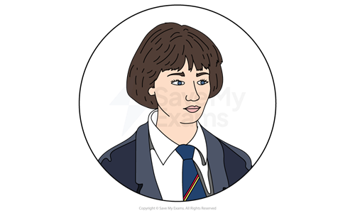 Illustration of Jo from A Taste of Honey: she has short brown hair, wearing a school uniform including a blazer, white shirt, and blue tie with a coloured stripe.