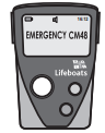 Illustration of a handheld emergency device with "EMERGENCY CM48" on the screen. The logo "Lifeboats" is visible on the device's body.