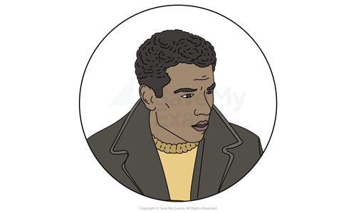 Illustration of Jimmie from A Taste of Honey: he is a Black man with curly hair wearing a dark coat over a yellow jumper, gazing to the side, encircled by a black line.