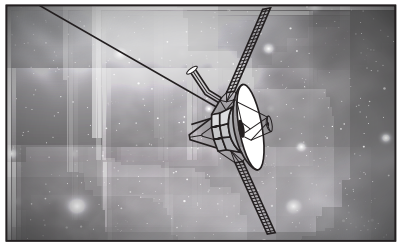 Illustration of a space probe with a large dish antenna and extended solar panels, set against a starry, pixelated background in greyscale.