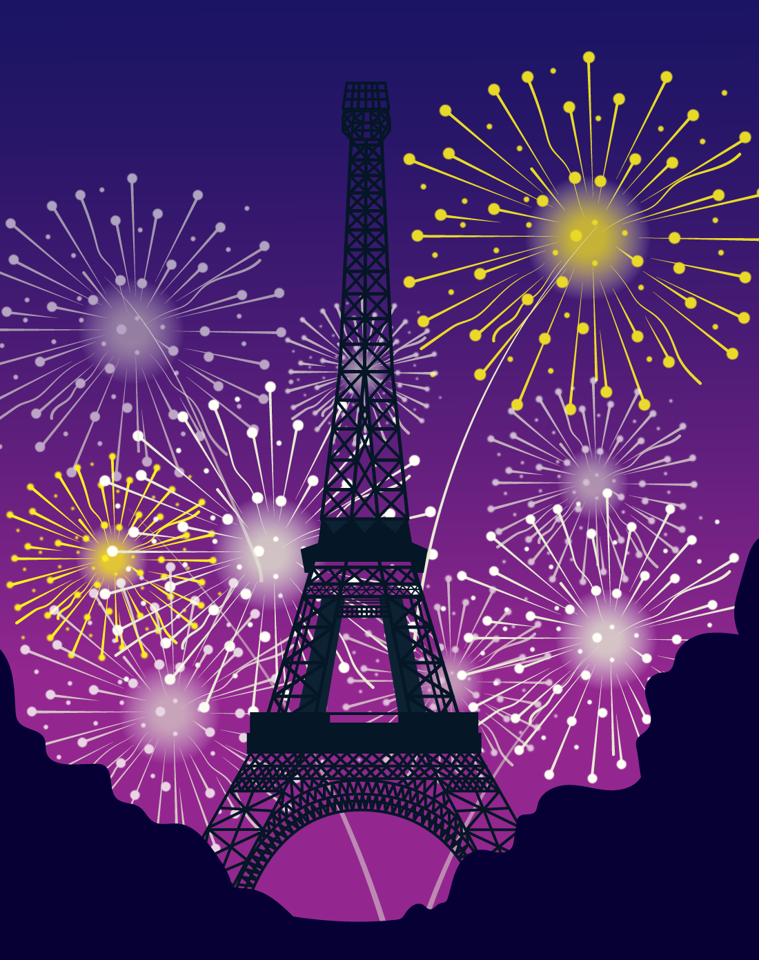 Silhouette of the Eiffel Tower against a purple night sky, surrounded by vibrant fireworks in white and yellow, creating a celebratory scene.