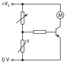 Circuit diagram showing a motor connected to a transistor, with variable resistors labelled 't' and connected to +Vs and 0V terminals.