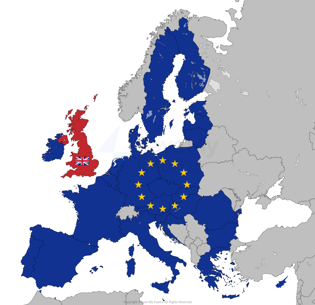 Map of Europe highlighting the EU in blue with yellow stars and the UK in red with a Union Jack flag, indicating Brexit.
