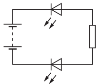 Electrical circuit diagram featuring a battery, two LEDs, and a resistor connected in series, forming a closed loop with current flow direction indicated.
