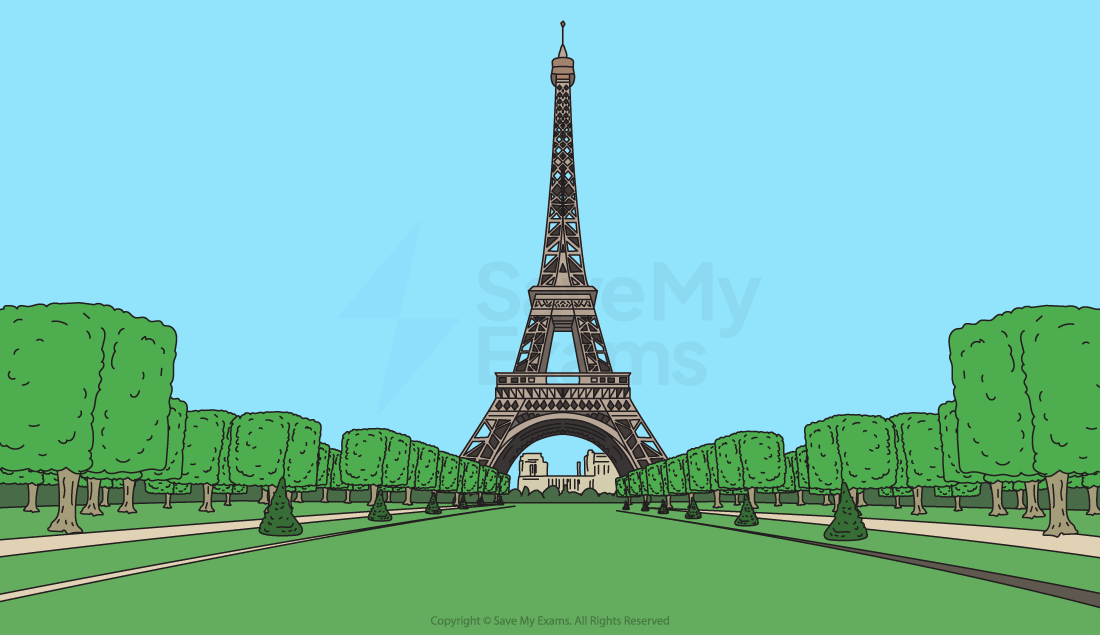 Illustration of the Eiffel Tower centred with symmetrical rows of trimmed trees and green lawns beneath a clear blue sky.