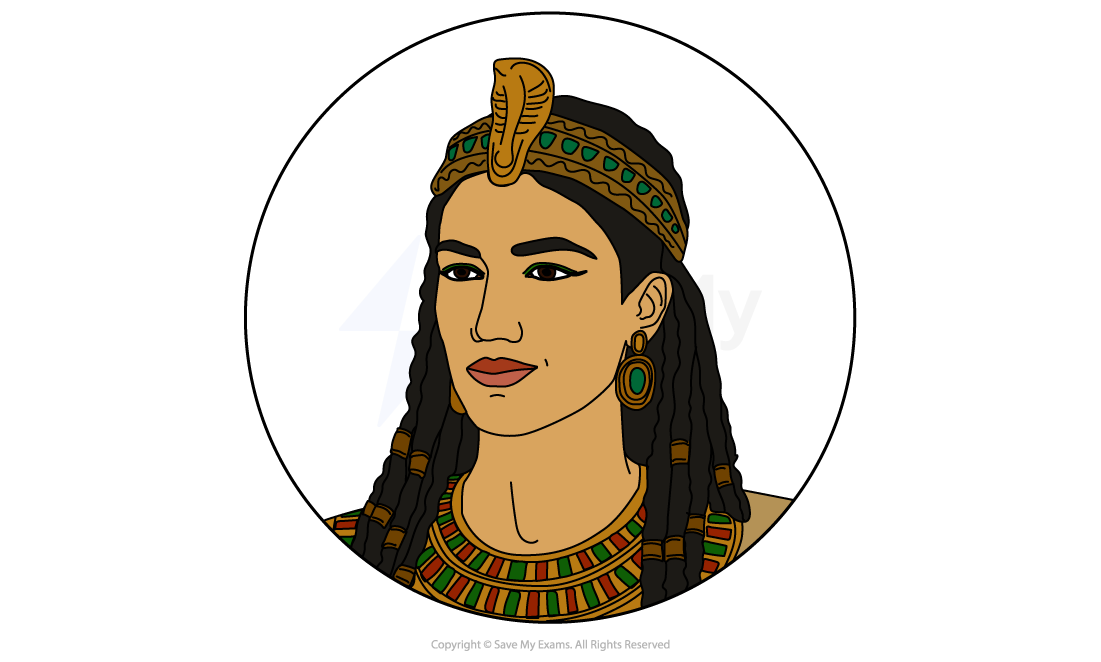 Illustration of an ancient Egyptian woman with braided hair, adorned with a cobra headdress, gold earrings, and a beaded necklace in a circular frame.