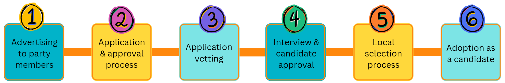 Flowchart with six steps: advertising, application, vetting, interview, local selection, and adoption as a candidate. Multicoloured design.