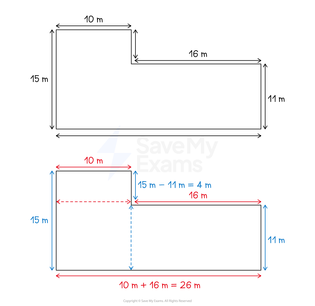 Illustration of an L-shaped area with dimensions: 10m and 15m on top, 16m and 11m on the bottom, dividing it into rectangles with calculations shown.