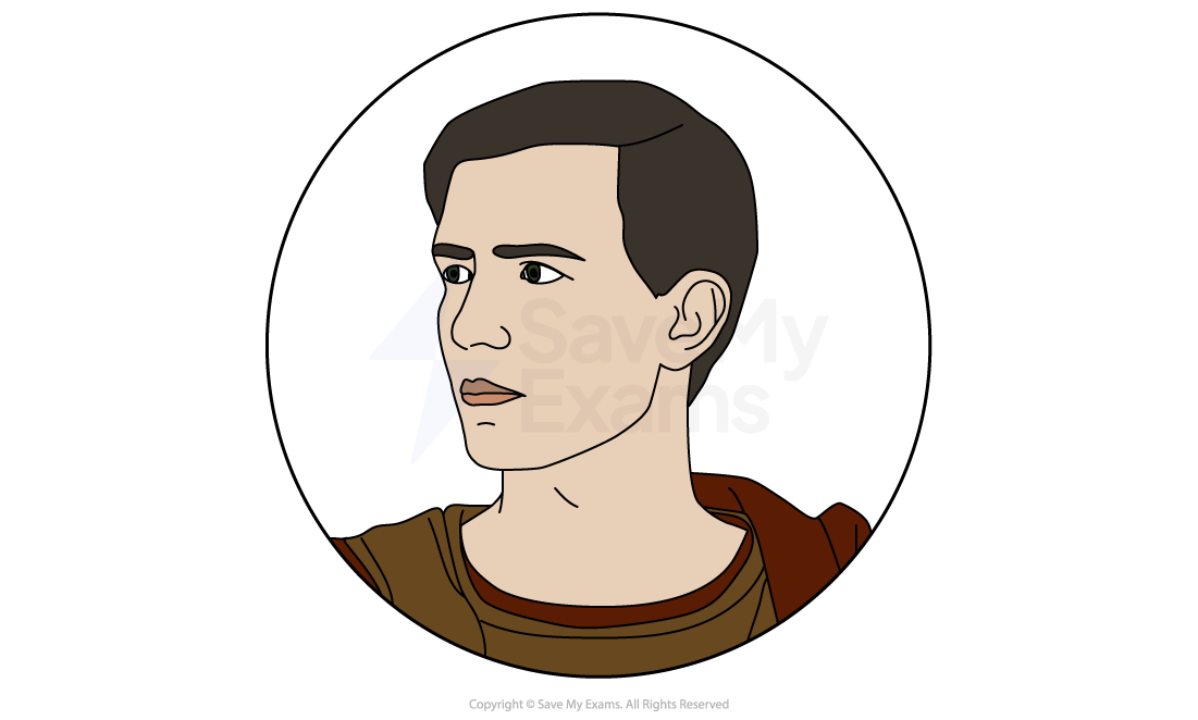 Illustration of a Roman man in profile, wearing a brown tunic and red cloak, with short dark hair. He faces left within a circular frame.