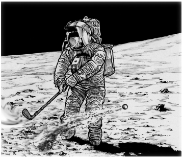 An astronaut in a spacesuit is playing golf on the moon's surface, swinging a club and hitting a golf ball against a stark lunar backdrop.