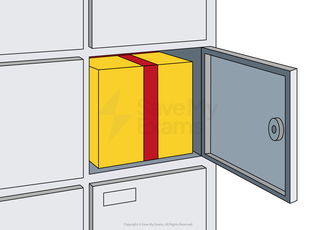 Yellow gift box with red ribbon inside an open grey locker, surrounded by closed lockers.
