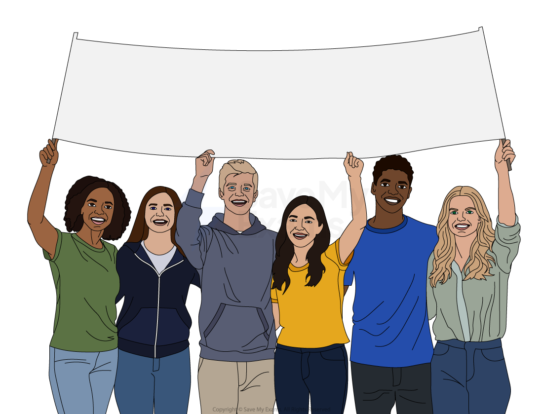 Diverse group of six people standing together, smiling and holding a blank banner above their heads, suggesting unity and collaboration.