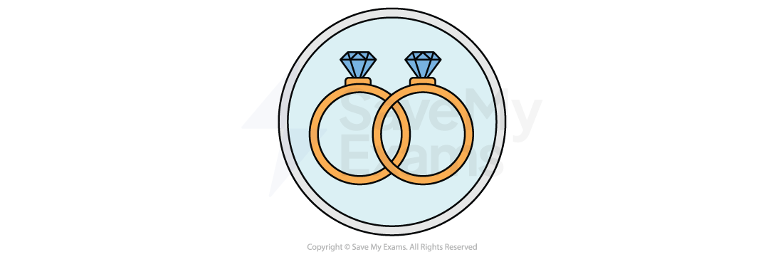Symbol for independence and marriage: Two gold rings with blue diamonds overlapping in a light blue circle, with a thin black border, symbolising a connection or partnership.