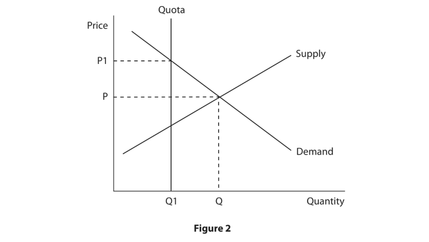 Supply and demand graph showing a quota at Q1, price increase from P to P1, and equilibrium at price P and quantity Q.