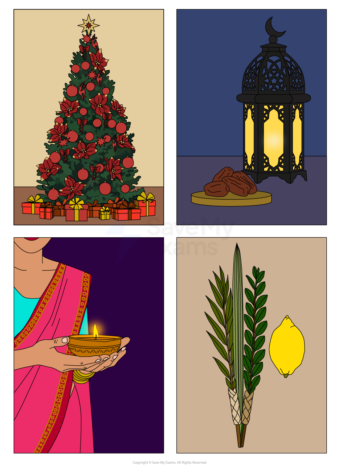 Illustration of holiday symbols: a Christmas tree, an Eid lantern with dates, Sukkot etrog and lulav, and a person holding a Diwali diya lamp.