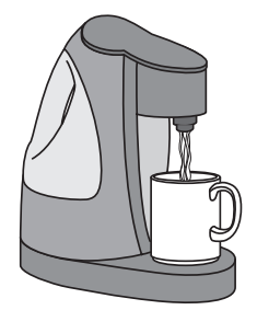Grey coffee machine dispensing into a white mug. The machine features a water reservoir at the back and a single cup drip mechanism.
