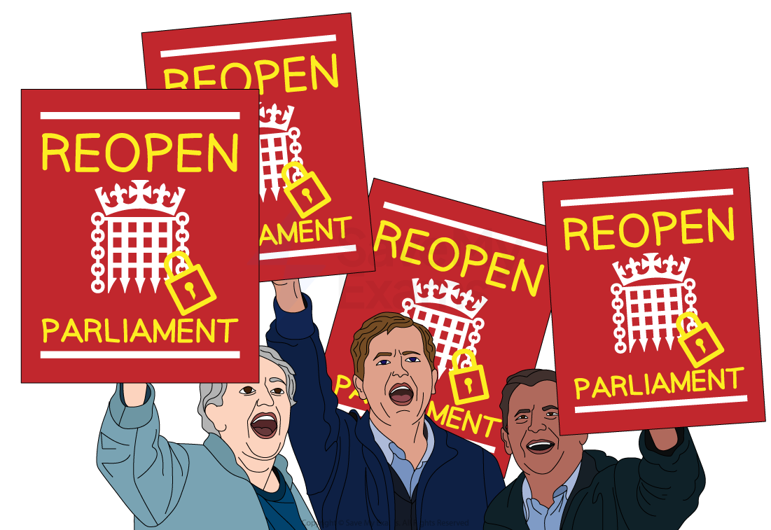 Protesters hold red signs with "Reopen Parliament" and a padlock symbol, expressing a call to resume parliamentary activities.