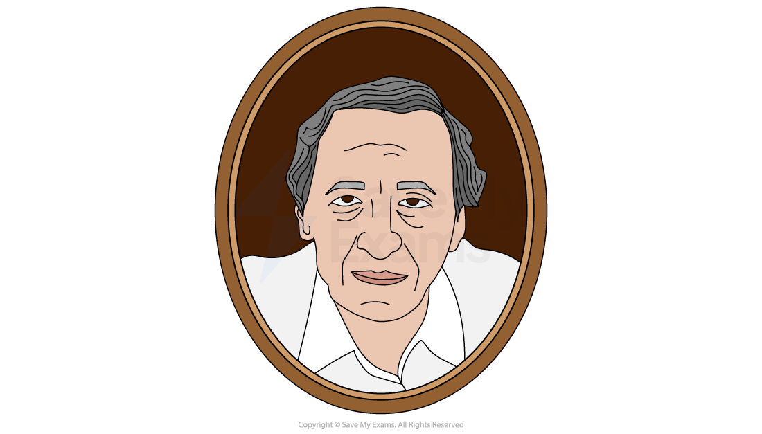 Illustration of an older man with grey hair, wearing a white shirt, framed in a brown oval.