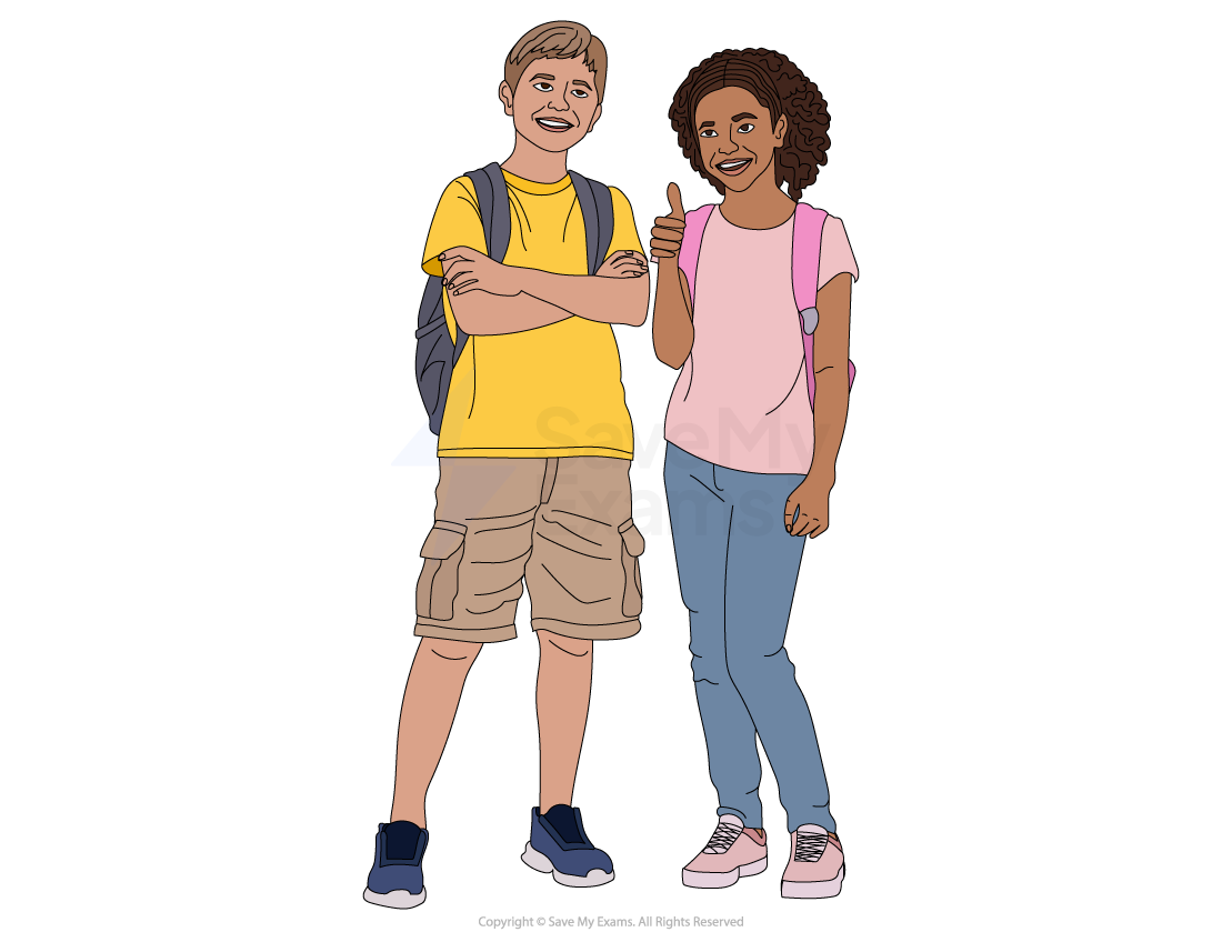 Two smiling children stand side by side with backpacks; a boy in a yellow shirt and shorts, and a girl in a pink top and jeans, giving a thumbs-up.