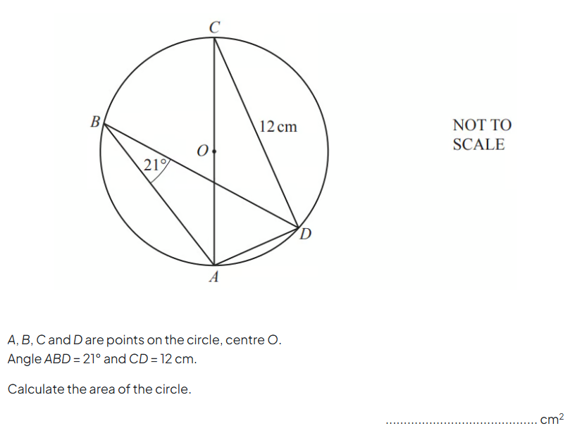 Circle with centre O; points A, B, C, D on it. Radius OC = 12 cm, angle ABD = 21°. Task: Calculate the circle's area. Diagram not to scale.