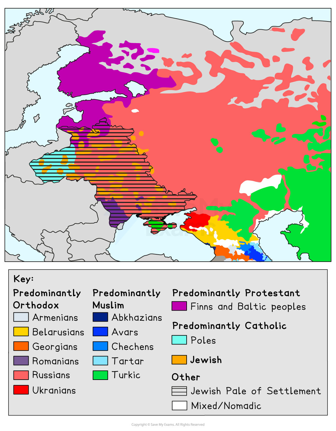 Map showing ethnic groups and predominant religions in Eastern Europe and Western Asia, using colour coding to indicate Orthodox, Muslim, Protestant, Catholic, and Jewish regions.