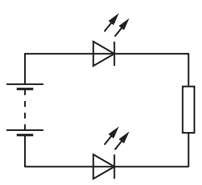 Electrical circuit diagram with battery, two light-emitting diodes (LEDs), and a resistor connected in series, illustrating current flow through the components.