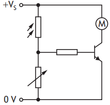 Circuit diagram with an LDR and variable resistor in series, connected to a transistor controlling a motor, powered by +Vs and 0V.