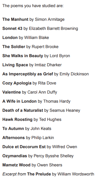 List of poems studied, including works by Armitage, Browning, Blake, Brooke, Byron, Dharker, Dickinson, Dove, Duffy, Hardy, Heaney, Hughes, Keats.