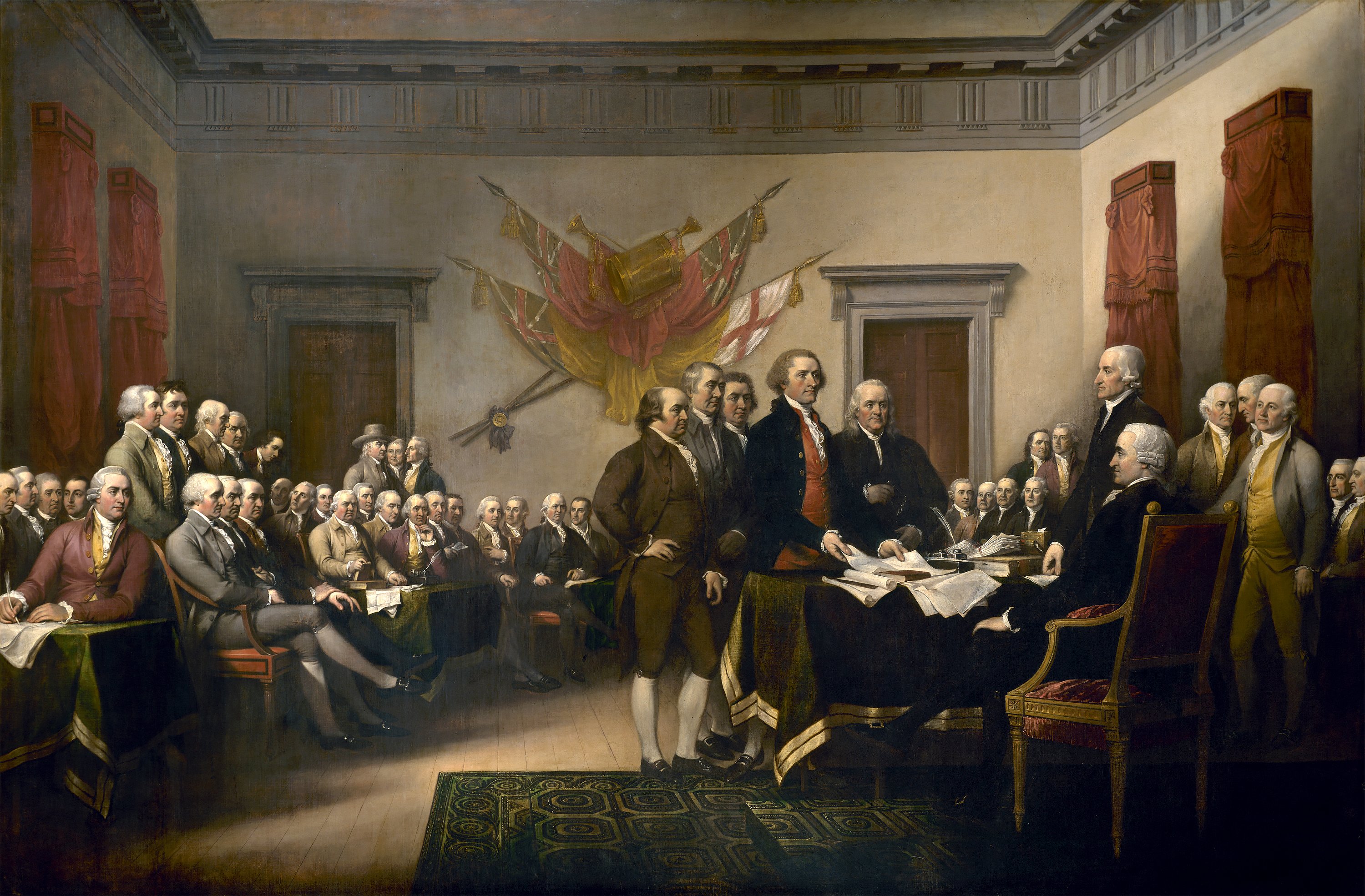 The declaration taking place in an opulent chamber, observed by a group of well-dressed men