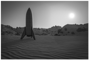 A rocket stands on a barren, rocky landscape with the sun low on the horizon, casting long shadows and highlighting the rippled sand surface.