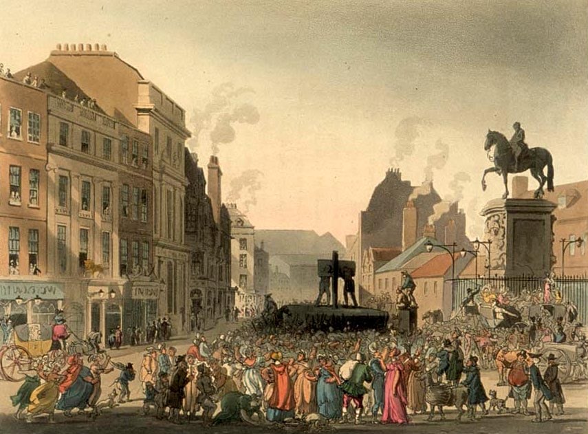Crowded urban scene with people gathered around a monument, horse statue visible, surrounding buildings with chimneys, and smoke rising in the background.