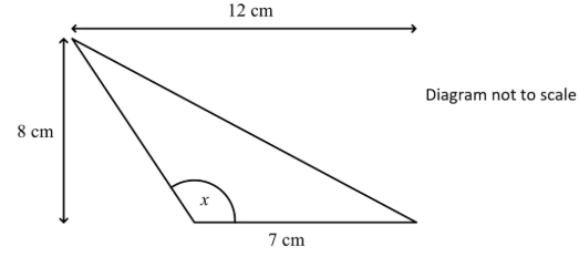 Right-angled triangle with sides 8 cm and 7 cm, hypotenuse 12 cm, and angle x opposite the 7 cm side. Diagram not to scale.