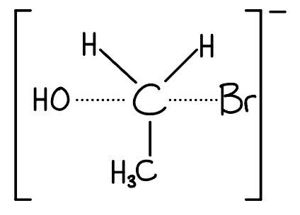 Molecular structure showing a central carbon bonded to two hydrogens, one hydroxyl group (OH), a bromine (Br), and a methyl group (CH3), enclosed in brackets.