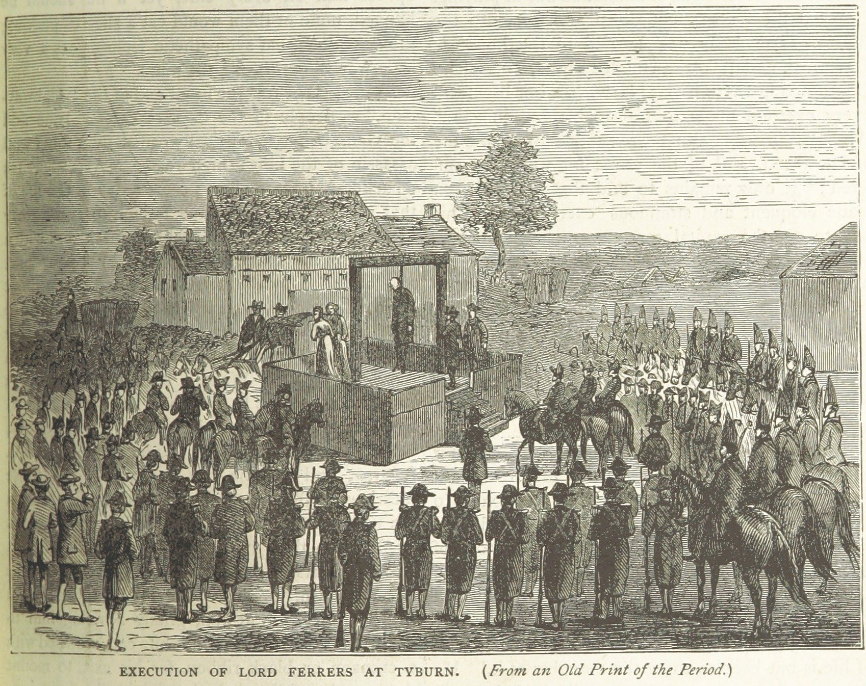 Historical illustration of a large crowd gathered to witness the execution of Lord Ferrers at Tyburn, featuring a scaffold and onlookers on horseback.