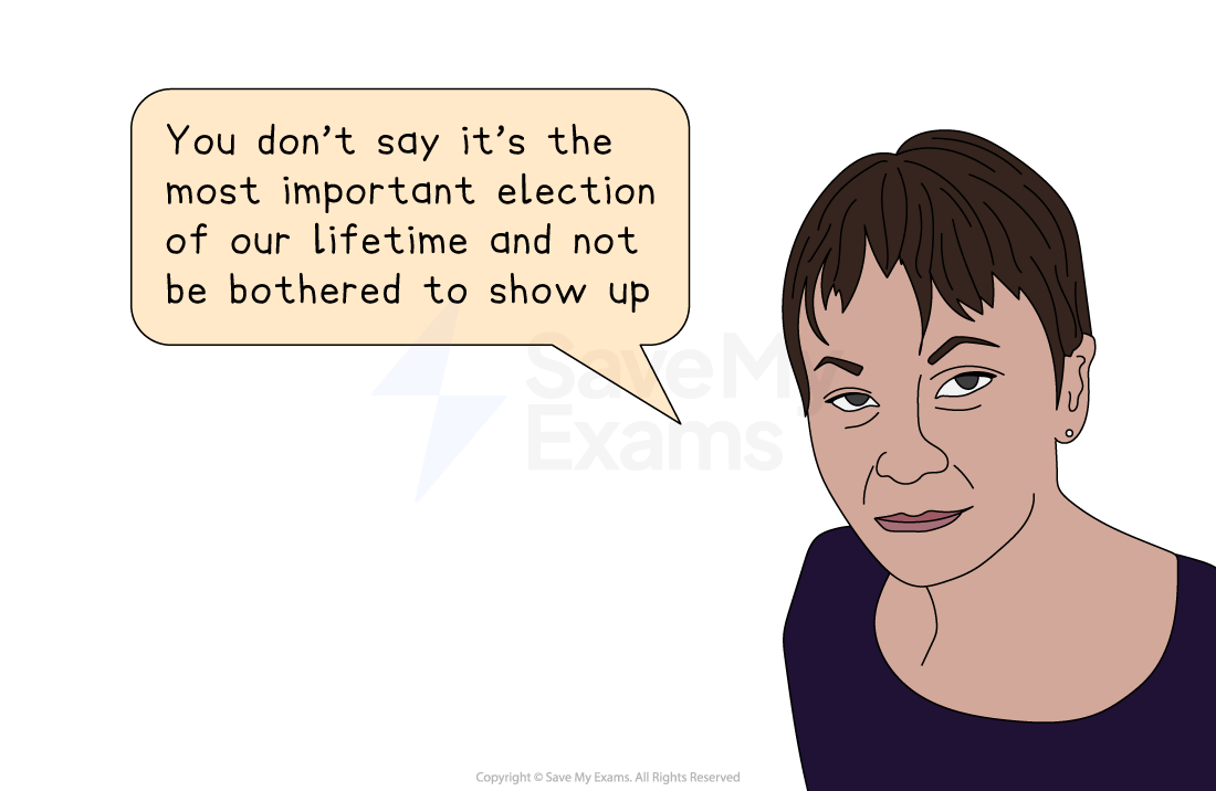 Illustrated woman with short brown hair, wearing a purple top, speaks in a speech bubble: “You don’t say it’s the most important election and not show up.”