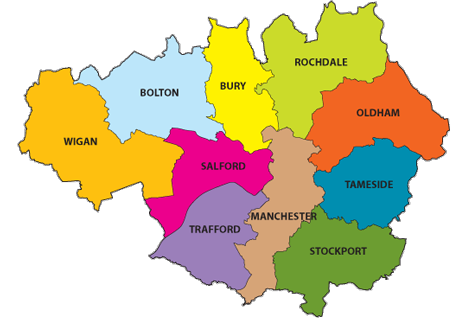 Map of Greater Manchester showing ten boroughs: Wigan, Bolton, Bury, Rochdale, Oldham, Tameside, Stockport, Manchester, Salford, Trafford, in various colours.
