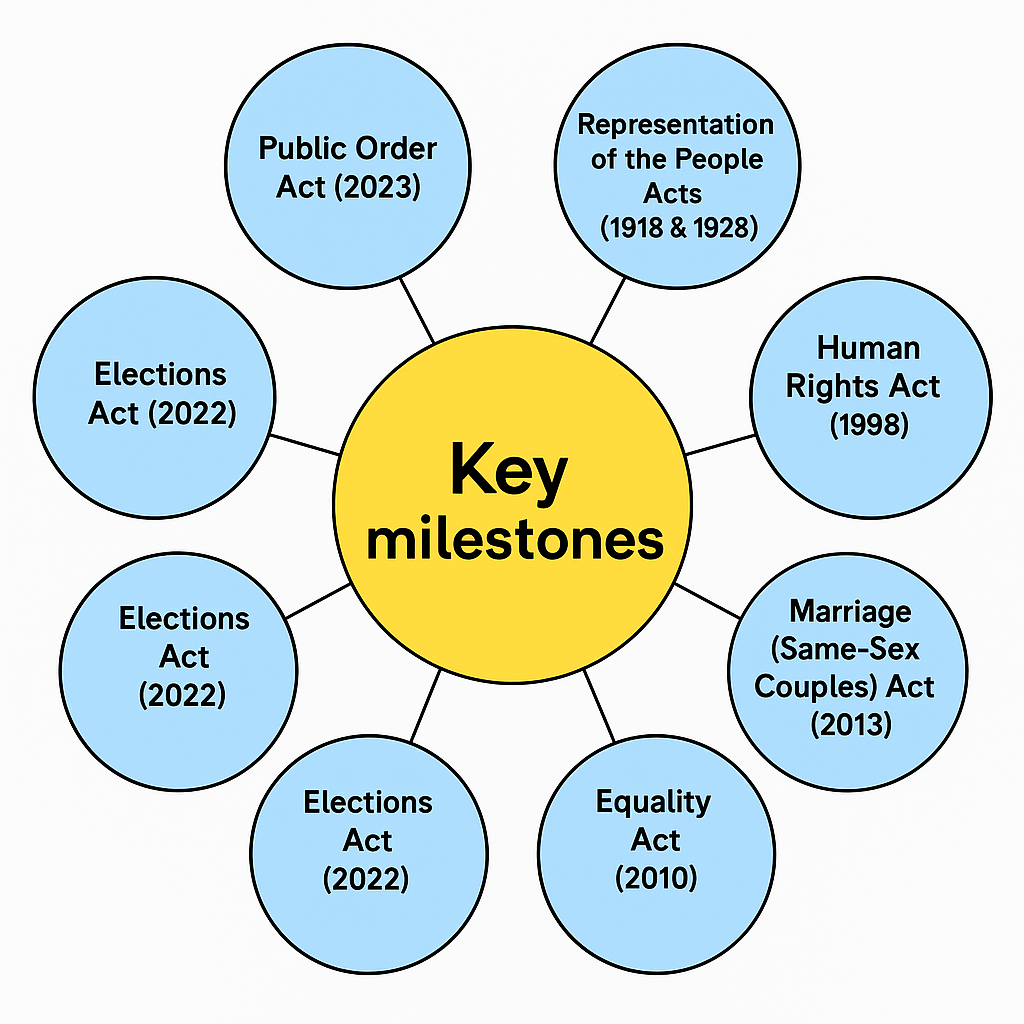 Diagram showing key UK legislative milestones, including the Public Order Act 2023, Representation of the People Acts, and Equality Act 2010.