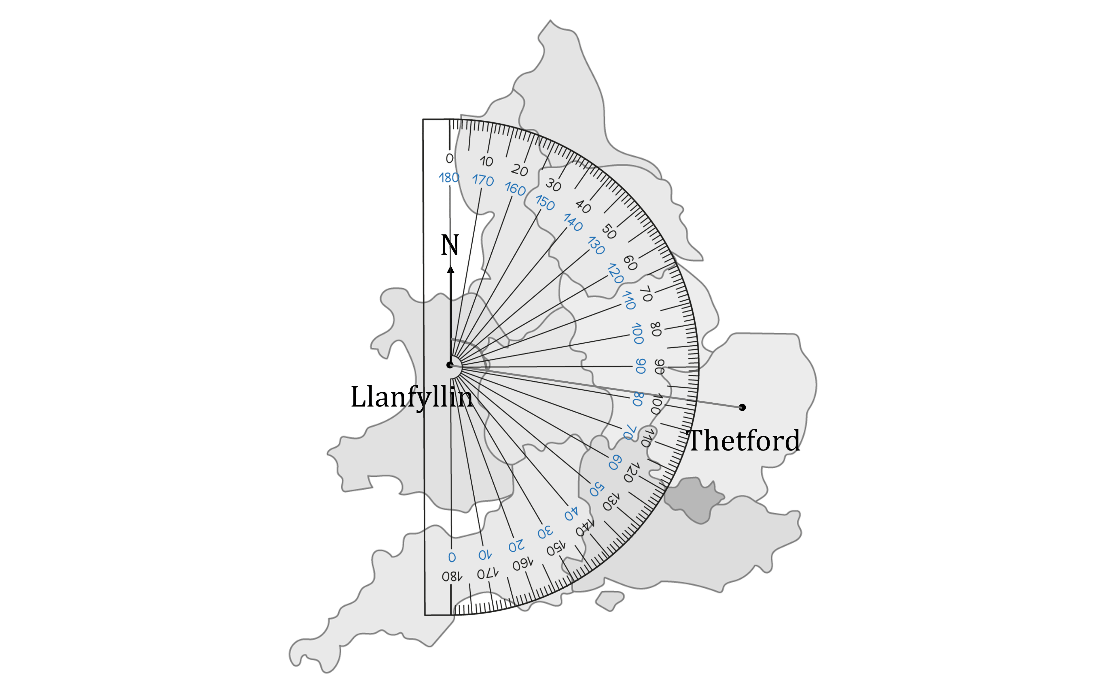 Map of England showing a line connecting Llanfyllin in the west to Thetford in the east, highlighting their geographical locations.