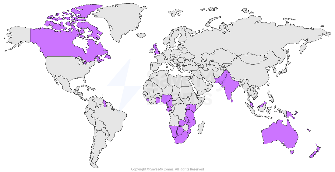 World map highlighting countries of the former British Empire in purple, including Canada, India, Australia, and parts of Africa.