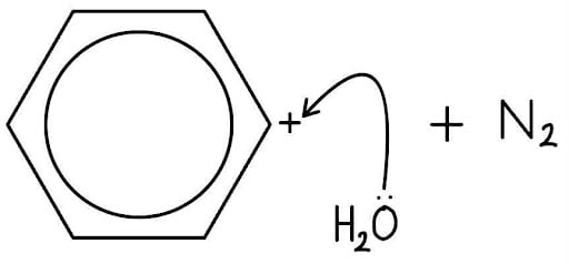 Phenyl carbocation and a water molecule. A curly arrow goes from the lone pair on the oxygen to the C+ of the ring, leading to a structure where the ring has an -OH2+ group attached.