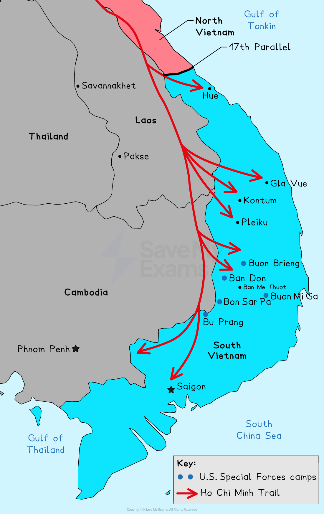 Map of Vietnam War era showing North and South Vietnam, Laos, and Cambodia. Red arrows indicate the Ho Chi Minh Trail; blue dots mark US Special Forces camps.