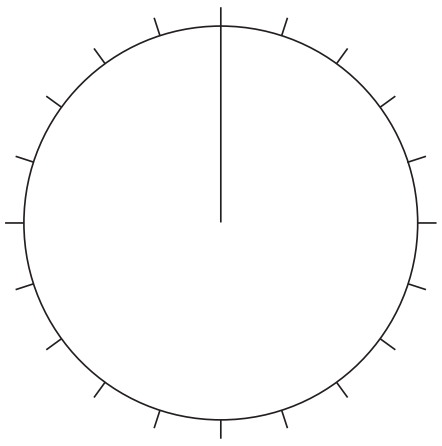 A blank circle with evenly spaced short radial lines along the perimeter and one long line pointing inward from the top, resembling a clock face.